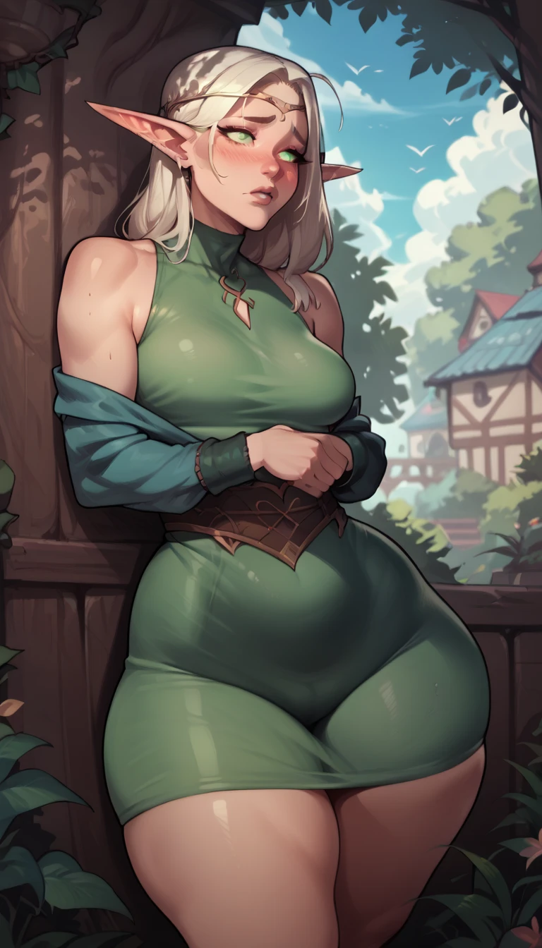 an elf girl, with small breasts and thick thighs,   big ass,   WIDE HIPS,   tight clothing,   hottie, shy