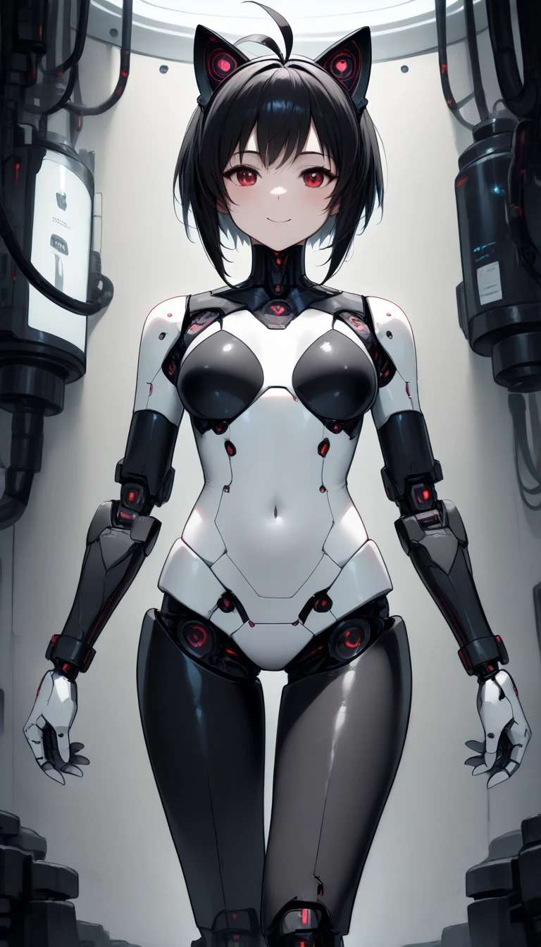 masterpiece,  top quality,  extremely detailed , (8k, 4K,  top quality,  High resolution ,  super high resolution with two hands:1.1), , 8K portrait , Japaese 안 droid  Girl,thud ,  dark black leg cover ,guide,Control Panel,안 droid , droid ,mechanical hand,  robot arms and legs ,  black robot parts , long black hair ,Machine body ,bang, perfect mechanical abdomen , white robotics parts , perfect robot woman ,future laboratory, cyberpunk, charging spot ,laboratory,Long tube , The removable cover is in the groin {x} A thick cable is attached to the neck, white ceramic body  , perfect mechanical body ,  white robot body , load antenna , mechanical ear cover ,안 droid ,Robot Humanoid, black sponge joint , The removable cover is in the groin , connection port is in the groin , open chest panel , chest access panel , open chest panel , perfect mechanical abdomen , perfect black mechanical body ,perfect black 안 droid  body, she repaired ,Assembly factory , dark black tights , dark black leggings ,smile,cat, not human skin ,visor