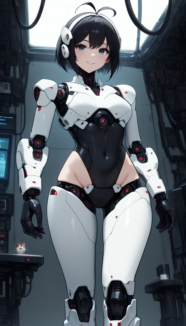 masterpiece,  top quality,  extremely detailed , (8k, 4K,  top quality,  High resolution ,  super high resolution with two hands:1.1), , 8K portrait , Japaese 안 droid  Girl,thud ,  dark black leg cover ,guide,Control Panel,안 droid , droid ,mechanical hand,  robot arms and legs ,  black robot parts , long black hair ,Machine body ,bang, perfect mechanical abdomen , white robotics parts , perfect robot woman ,future laboratory, cyberpunk, charging spot ,laboratory,Long tube , The removable cover is in the groin {x} A thick cable is attached to the neck, white ceramic body  , perfect mechanical body ,  white robot body , load antenna , mechanical ear cover ,안 droid ,Robot Humanoid, black sponge joint , The removable cover is in the groin , connection port is in the groin , open chest panel , chest access panel , open chest panel , perfect mechanical abdomen , perfect black mechanical body ,perfect black 안 droid  body, she repaired ,Assembly factory , dark black tights , dark black leggings ,smile,cat, not human skin ,visor