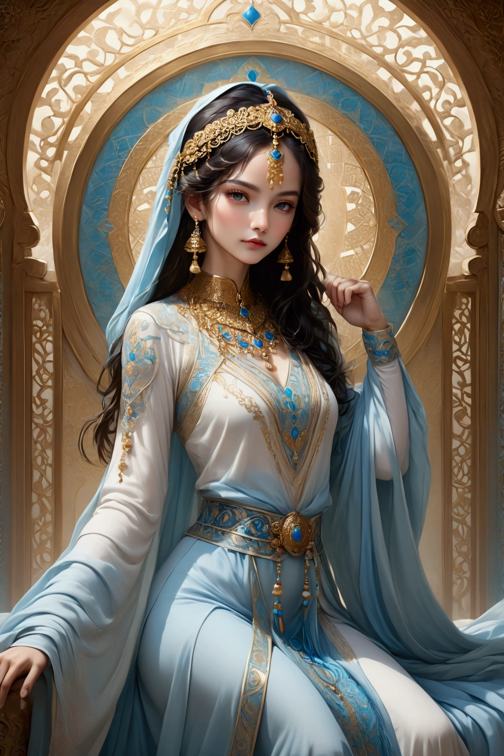 A young woman of light-medium complexion, positioned in the center of the image, is depicted in a serene pose.  She is adorned with elaborate, ornate jewelry and clothing, featuring a white, flowing garment with gold and blue embellishments. The garment has a detailed, decorative belt and long sleeves.  Her dark hair is flowing, and she is wearing a traditional-style headdress.  Her expression is peaceful yet captivating, with delicate features and a soft smile.  She appears to be in a relaxed, almost reclining posture, with one arm bent naturally at the elbow, her other hand resting on her embellished headpiece.  The backdrop is painted with muted, light pastel colors, including warm beige and varying shades of light blue, creating a soft and ethereal atmosphere.  Drapery of light blue fabrics swirls around the figure, and a golden ornate frame or archway forms a decorative backdrop.  The lighting is soft and diffused, highlighting the intricate details of the clothing and her facial features, creating a sense of elegance and serenity. The composition is carefully balanced to emphasize the beauty of the subject, using color and light effectively to further showcase her graceful stance. The perspective is slightly elevated, focused on the subject.  The overall style is reminiscent of a digital painting or illustration in a photorealistic style, evocative of a traditional Middle Eastern or Asian theme.