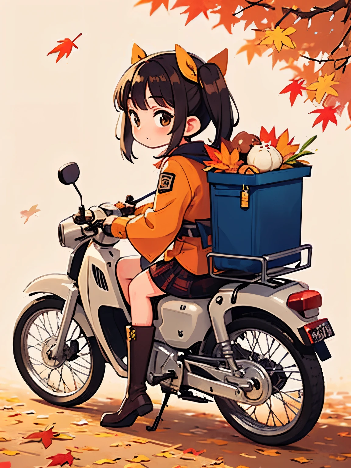 32K，UHD high resolution ，   octane rendering ，    steampunk，( Ultra-fine: 1.2)，   young girl，  Ride a Super Cub   ，  knight ，cute， Very small build    ，   thin thighs   ，     small yellow super cub ，   short dress like a kimono ，   down jacket  ，  half length twin tails with lots of luggage   ，   black hair，goggles，   black boots，Super Cub Details，autumn，autumn leaves，     medium shot from behind     ,