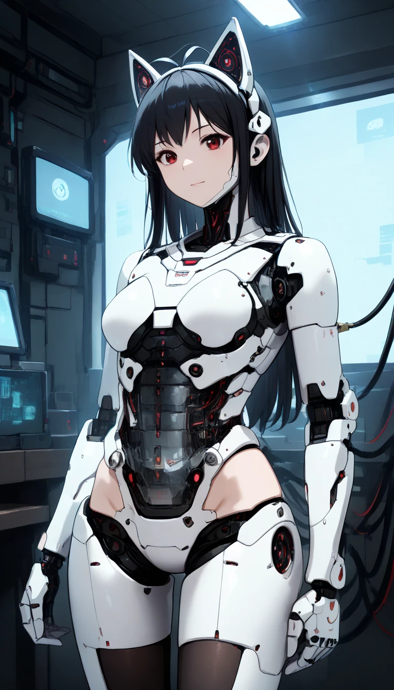 masterpiece,  top quality,  extremely detailed , (8k, 4K,  top quality,  High resolution ,  super high resolution with two hands:1.1), , 8K portrait , Japaese 안 droid  Girl,thud ,  dark black leg cover ,guide,Control Panel,안 droid , droid ,mechanical hand,  robot arms and legs ,  black robot parts , long black hair ,Machine body ,bang, perfect mechanical abdomen , white robotics parts , perfect robot woman ,future laboratory, cyberpunk, charging spot ,laboratory,Long tube , The removable cover is in the groin {x} A thick cable is attached to the neck, white ceramic body  , perfect mechanical body ,  white robot body , load antenna , mechanical ear cover ,안 droid ,Robot Humanoid, black sponge joint , The removable cover is in the groin , connection port is in the groin , open chest panel , chest access panel , open chest panel , perfect mechanical abdomen , perfect black mechanical body ,perfect black 안 droid  body, she repaired ,Assembly factory , dark black tights , dark black leggings ,smile,cat, not human skin ,visor