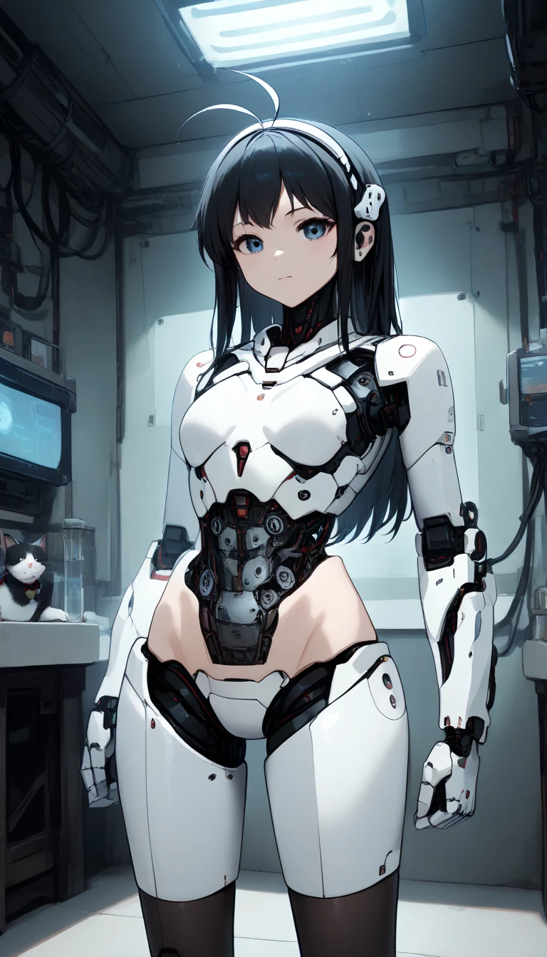 masterpiece,  top quality,  extremely detailed , (8k, 4K,  top quality,  High resolution ,  super high resolution with two hands:1.1), , 8K portrait , Japaese 안 droid  Girl,thud ,  dark black leg cover ,guide,Control Panel,안 droid , droid ,mechanical hand,  robot arms and legs ,  black robot parts , long black hair ,Machine body ,bang, perfect mechanical abdomen , white robotics parts , perfect robot woman ,future laboratory, cyberpunk, charging spot ,laboratory,Long tube , The removable cover is in the groin {x} A thick cable is attached to the neck, white ceramic body  , perfect mechanical body ,  white robot body , load antenna , mechanical ear cover ,안 droid ,Robot Humanoid, black sponge joint , The removable cover is in the groin , connection port is in the groin , open chest panel , chest access panel , open chest panel , perfect mechanical abdomen , perfect black mechanical body ,perfect black 안 droid  body, she repaired ,Assembly factory , dark black tights , dark black leggings ,smile,cat, not human skin ,visor