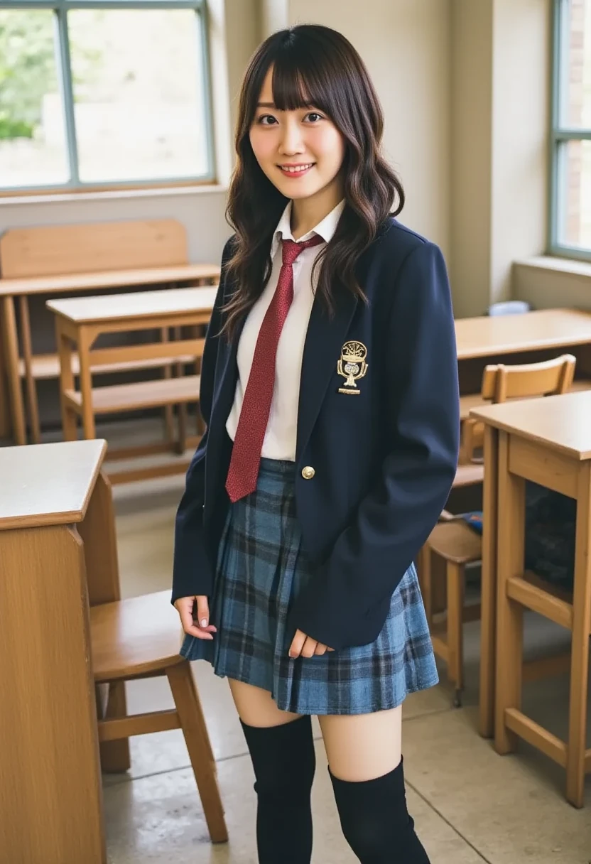  girl standing in a classroom in a schoolhouse, red tie uniform ,  Dark Blue Blazer  , BLUE PLAID SKIRT,18 years old,bangs, small smile ,Thighs,Knee,from below