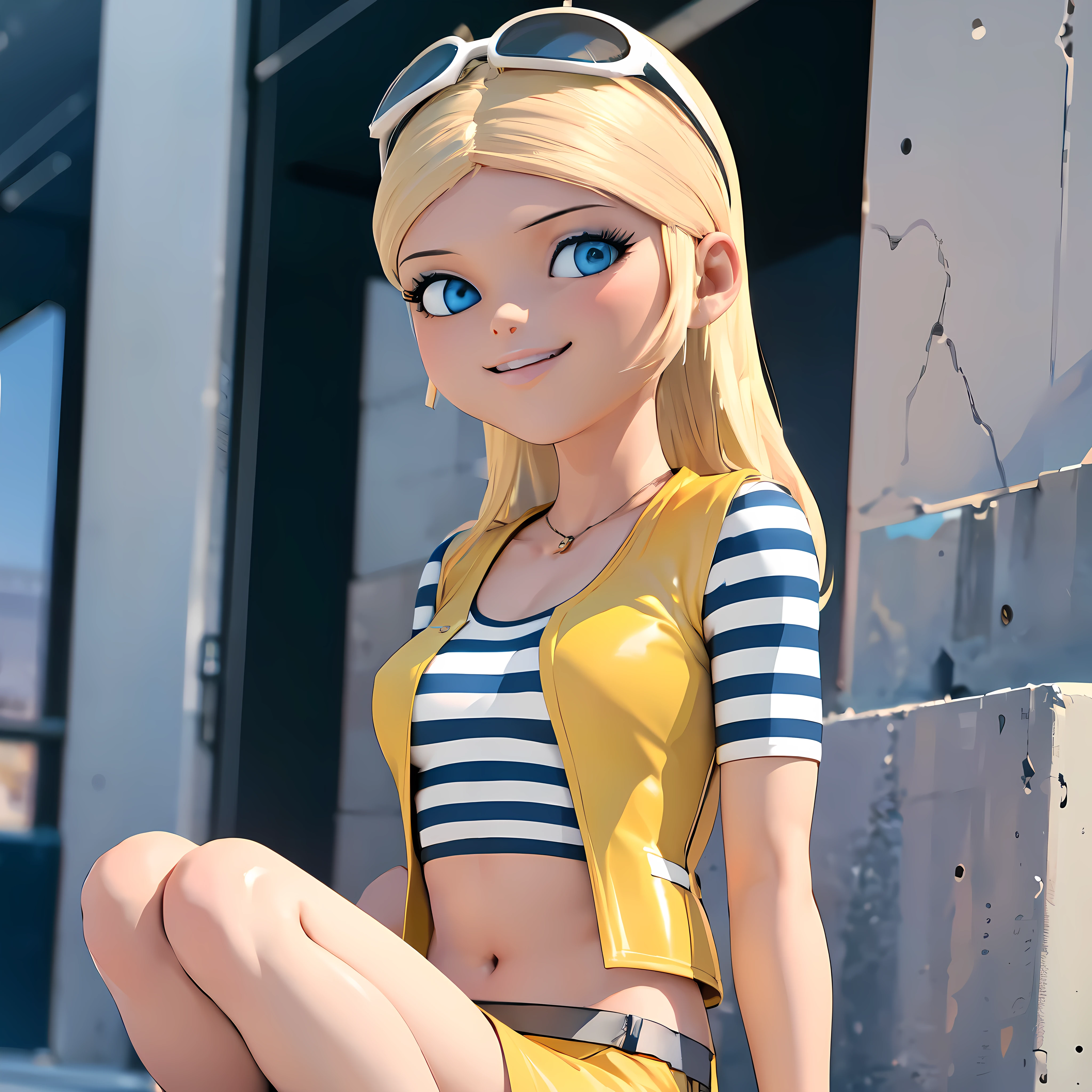 photorealistic, (4k), depth of field, (Masterpiece), (realistic skin texture), extremely detailed, intricate, hyper detailed, high resolution, depth of field, sharp detail, best quality, (8k, RAW photo, best quality, masterpiece:1.2), (intricate details), highres, perfect eyes, perfect face, perfect lighting, beautiful, (masterpiece:1.2), (best quality:1.2), 1girl, solo, chloe, blue eyes, blonde, sunglasses on the head, yellow vest, white miniskirt, black white striped shirt, long yellow socks, navel shirt, big size breast, peace sign. smiling, showing teeth