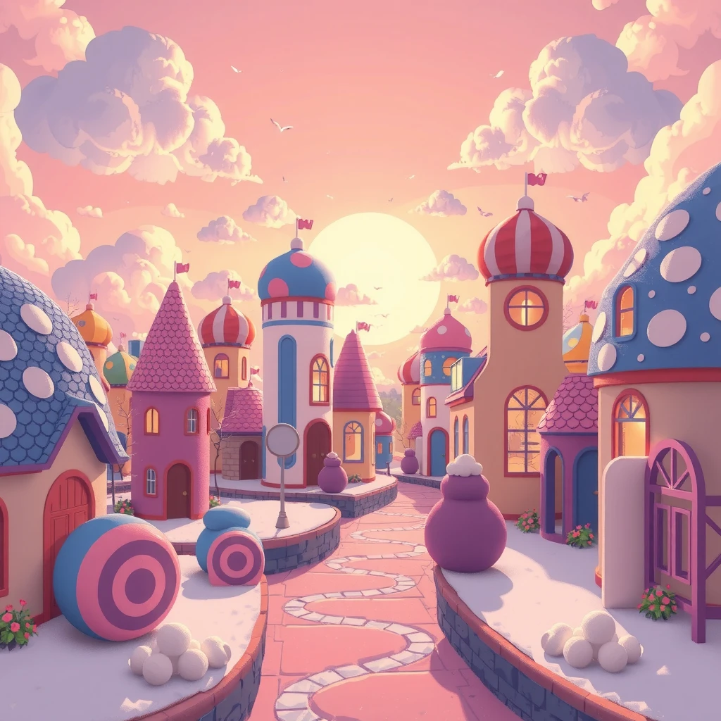 (best Quality), (Music Packaging Style), (No Text), An overall album , Depict a whimsical and dreamy town made of candy-inspired buildings and soft pastel colors. Include elements like a soft, glowing sky, marshmallow clouds, and warm golden sunlight to create a nostalgic and serene Lo-fi atmosphere with a playful touch. (background only), wide panorama