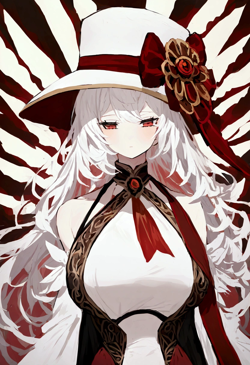 Long white hair with red ends in red and a big chest wearing a white dress with open shoulders and a big white hat holding a white shotgun with dark red red eyes big tits 