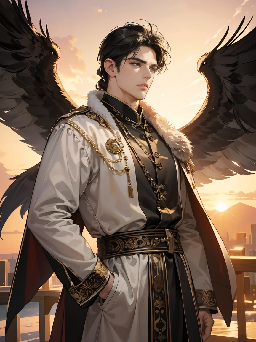 8K,Photorealsitic　Raw photography　top-quality;1.4) 　(1 Adult Eagle Boy)　Personification of a super handsome eagle　(Lifelike face)　Personification of the eagle(shoun)　Personification of the eagle　Black and red exterior　Black and red trousers　Golden decoration　Beautiful expression　超A high resolution　A smile　Precise details　Realistic coat　wings grow from the back　Equip the sword on the waist
