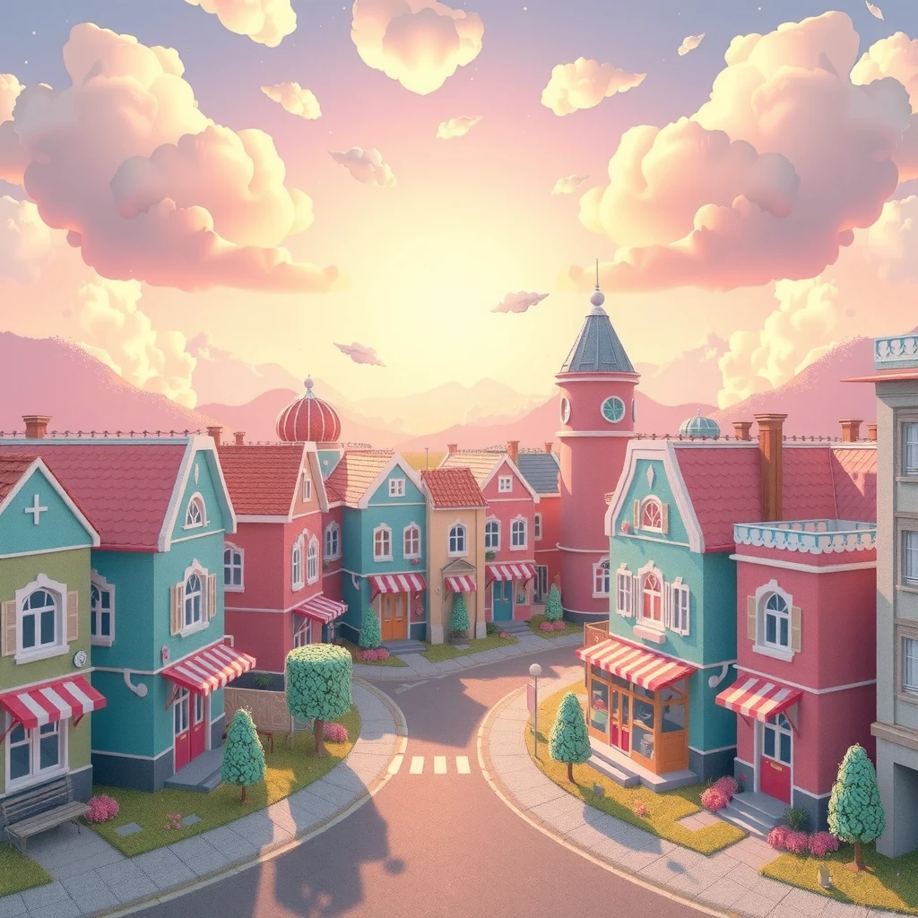 (best Quality), (Music Packaging real Style), (No Text), An overall album , Depict a whimsical and dreamy town made of candy-inspired buildings and soft pastel colors. Include elements like a soft, glowing sky, marshmallow clouds, and warm golden sunlight to create a nostalgic and serene Lo-fi atmosphere with a playful touch. (background only), wide panorama