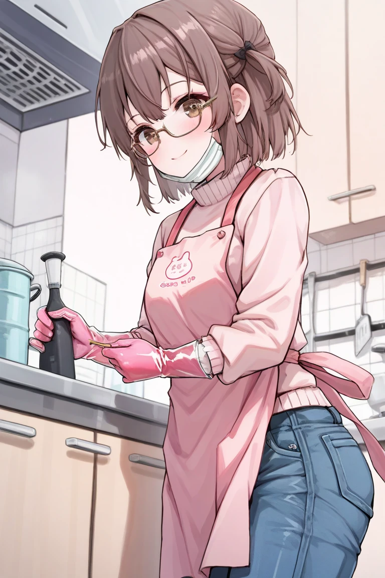 girl, ((wearing gloves)), ((pink latex gloves)), ((sterile gloves)), (wearing apron), (wearing surgical mask), (wearing glasses), (wearing denim), (Long sleeve), smiling, brown eyes