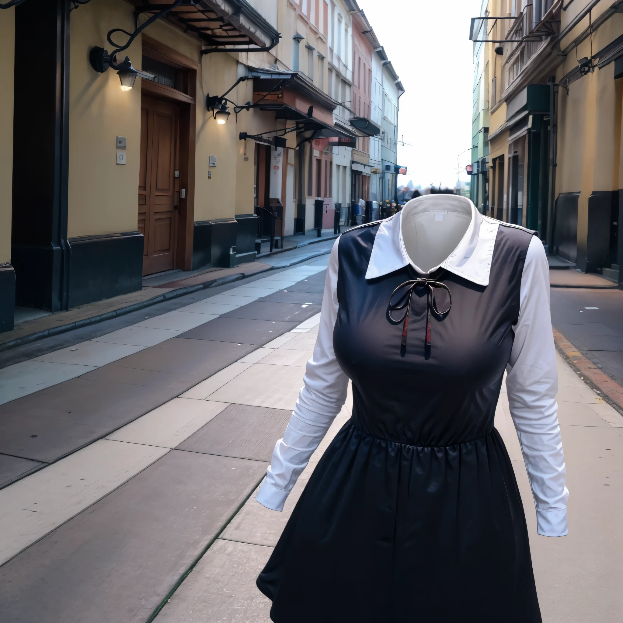 (invisible, no humans, headless, handless, faceless:1.5), masterpiece, best quality, highres, chika1, fujiwara chika, school uniform, black dress, red ribbon, long sleeves, blunt bangs, neck ribbon, collared dress,cowboy shot, standing, in city, (close-up to breasts)