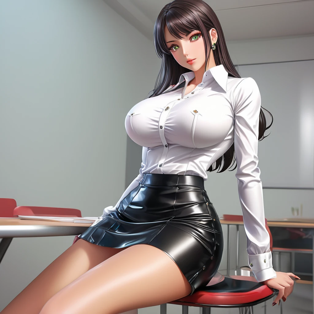 Art anime:  a female teacher ,  large breasts ,  white leather blouse with buttons with long sleeves, Latex Mini Skirt,  leather high heel shoes , fishnet tights,  anime style,  key visual , bright, anime studio , very detailed,  good quality, perfect image , standing in class after school .