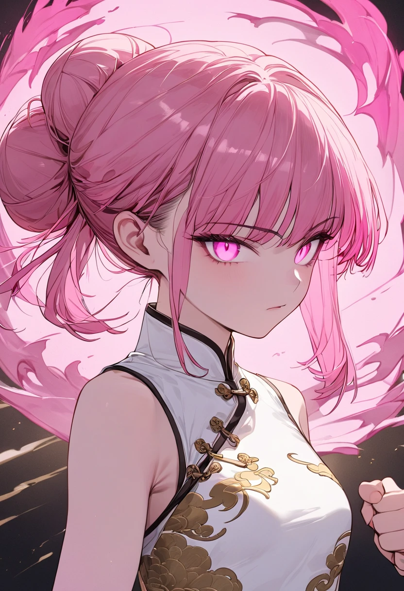 (Masterpiece, Top Quality, Aesthetic, 4K, Illustration), Exquisite Detail, One Girl, One Person, Contrast, Glowing Eyes, (Kung Fu Girl), 18 Years Old Mature, Cute Face, Clenching Fist, (Fluorescent Pink Gradient), Twin Tails in a Bun, Medium Hair, Side Lock, Golden Eyes, White chinese dress, warrior, small breasts, smiling face, upper body.