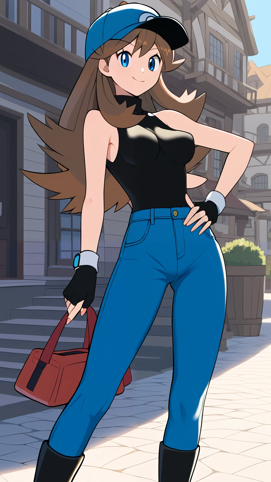 ( top quality )), ((masterpiece)), ( Details), 1girl,  orange brown hair color,  long hair, Blue Eyes, Yellow short sleeve shirt, Green jeans,  black long boots , Baseball cap, Brown fingerless gloves,  Tall,  ANIME COLORING BOOK,  Watch viewers, 1 Female, Age 18,  standing with different breasts , whole body, Place one hand on hip,  slim figure,  sexy smile,  seductive smile, town, Outdoor, (\ Pokémon\),  score_9,  score_8_Excellent,  score_7_Excellent,  score_6_Excellent,  source_Anime,  cell shading ,  Flat Color , vector, Ample breasts, Two legs, two arms,