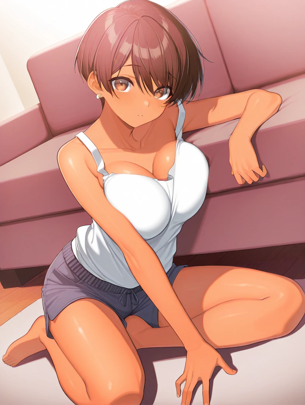 toono mizuki, dark-skinned female, brown eyes, earrings、 1 girl, Alone,      shorts, masterpiece,  top quality ,Big Breasts　Shota　Lean on the sofa　悪ガキShota 　down　　dutch angle,　shoulder　off、full body,