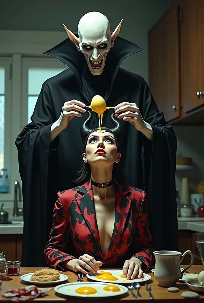 Nosferatu in the kitchen shooting eggs on the head of Maleficent dressed in hip hop style