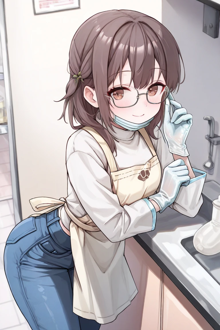 girl, ((wearing gloves)), ((white latex gloves)), ((sterile gloves)), (wearing apron), (wearing surgical mask), (wearing glasses), (wearing denim), (Long sleeve), smiling, brown eyes