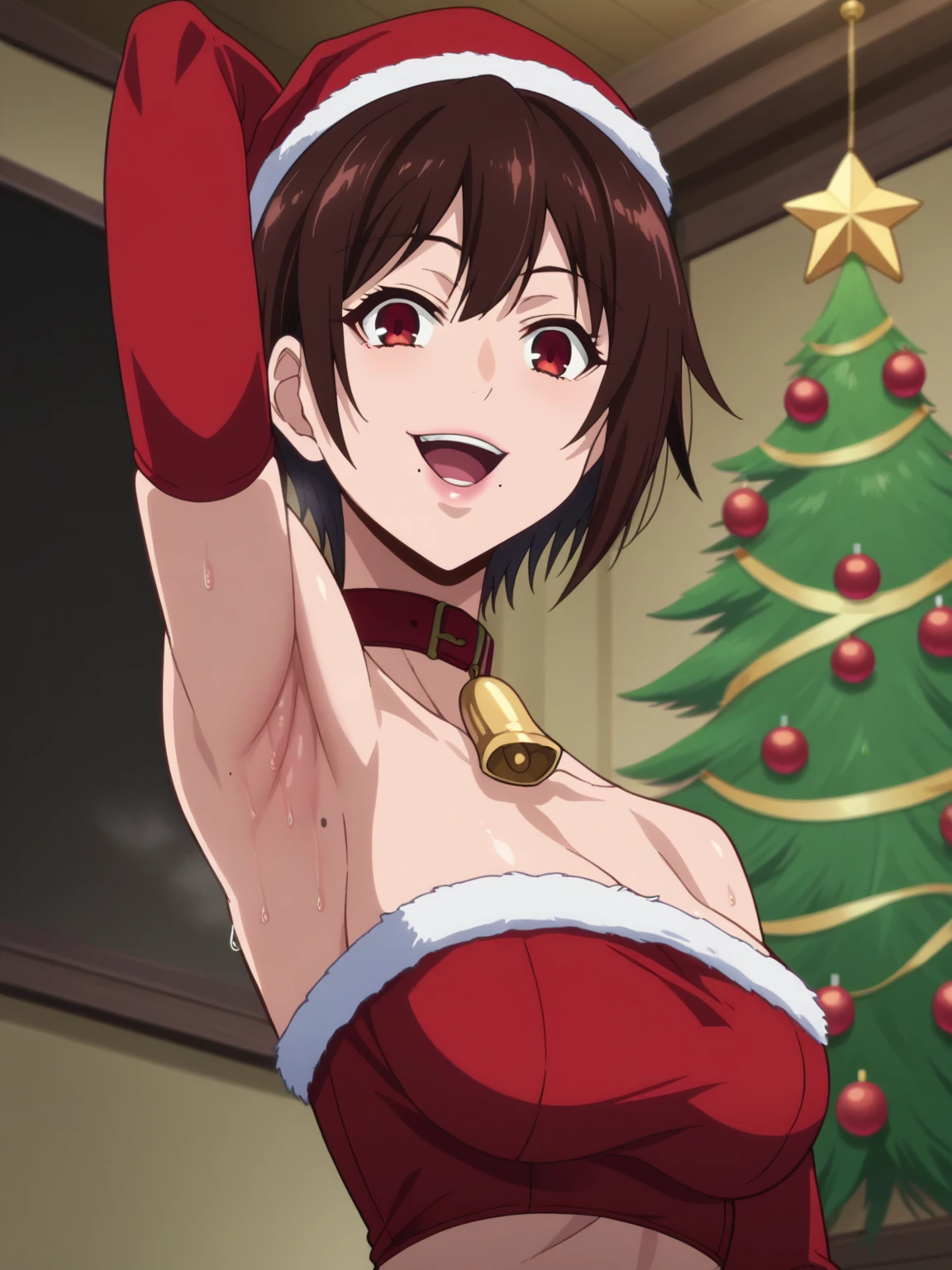 score_9, score_8_up, score_7_up, source_anime, anime screencap, 1girl, solo, BREAK, asuka kazama, short hair, red eyes, brown hair, mole under mouth, Santa costume, Santa hat, red tube top, red elbow gloves, long gloves, red collar with a bell, bare shoulders, BREAK, arm behind head, armpit, looking at viewer, head towards viewer, smile, indoors, opened mouth, midriff, from side, from below, Christmas tree, sweaty armpits