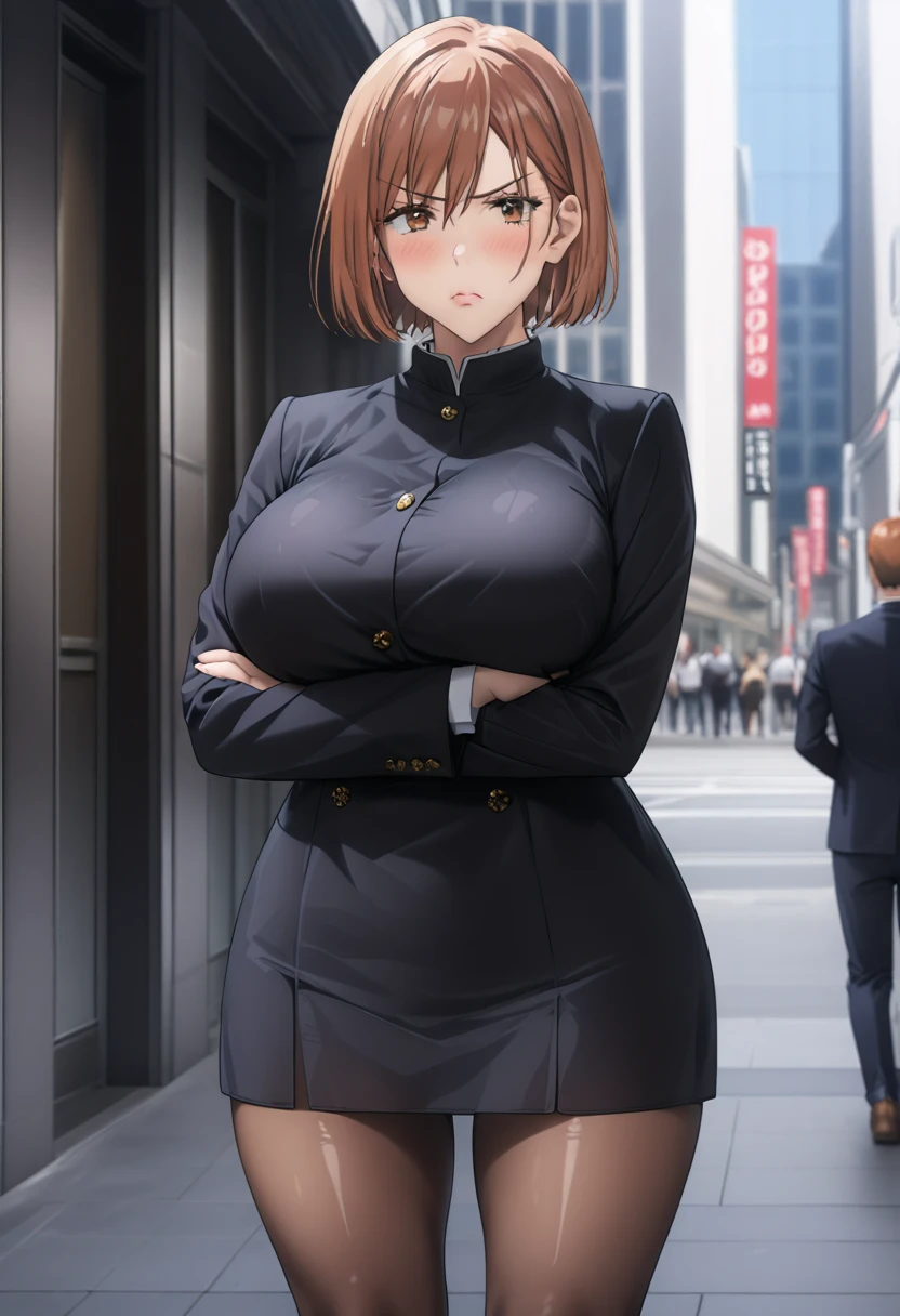     detailed face    ,     detailed body rendering   ,   Alone、  masterpiece ,     High Quality    , 8k,   is written by,    thigh thickness , shiny skin,SKINNING    ,{{{{{    game cg}}}}},, 最    High Quality    ,     High Quality   ,     very sophisticated ,In the city,Big Breasts, thick thighs,引き締まった体、 Nagasaki Wild Rose、 Nagasaki Wild Rose、 bob cut、 brown eyes、orange hair,lips、 short hair、Big Breasts、,  Nagasaki Wild Rose、 brown hair 、 brown eyes、Big Breasts、 black uniform、 black pantyhose,(( standing with different breasts )), cross your arms a little、blush, frowns