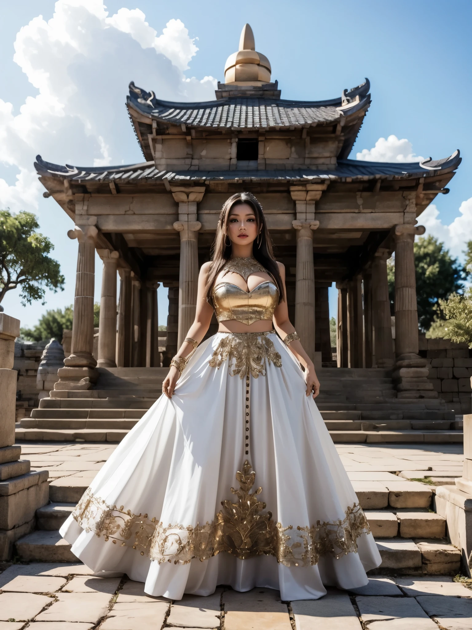 girl in the temple complex, BREAK, girl, long hair, looking at viewer, sexy revealing ethnic dress, (gigantic breasts:1.2), ancient monument complex, stone temple, (stupa), reliefs, carvings, cloud, white cosmos armor, fashion, ultra high resolution,