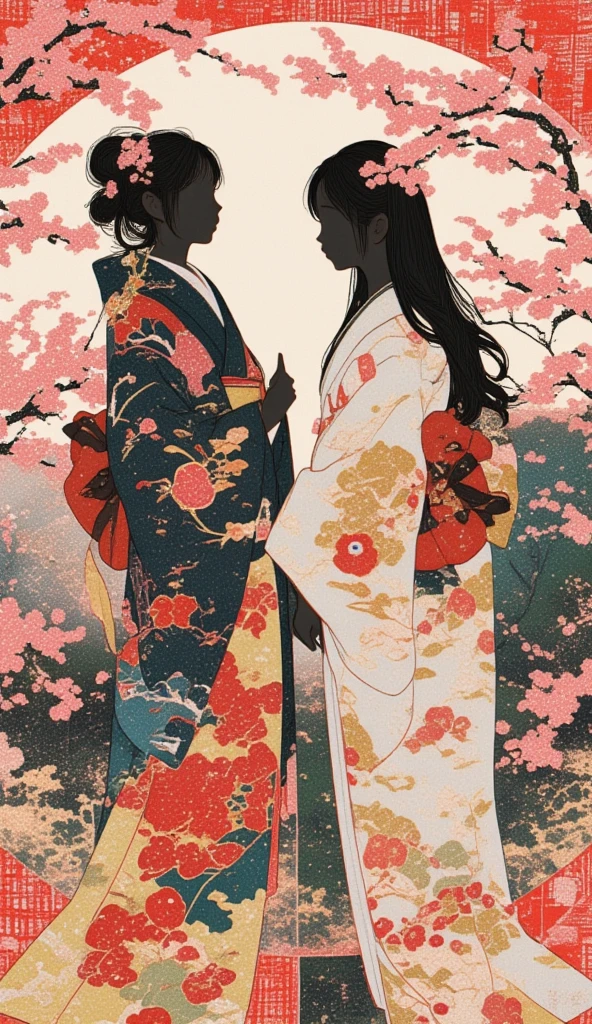 A collage art of women in yukata. The backdrop of a scenic sakura forest in Japan inside the woman's silhouette. Background of japanese sakura design patterns.