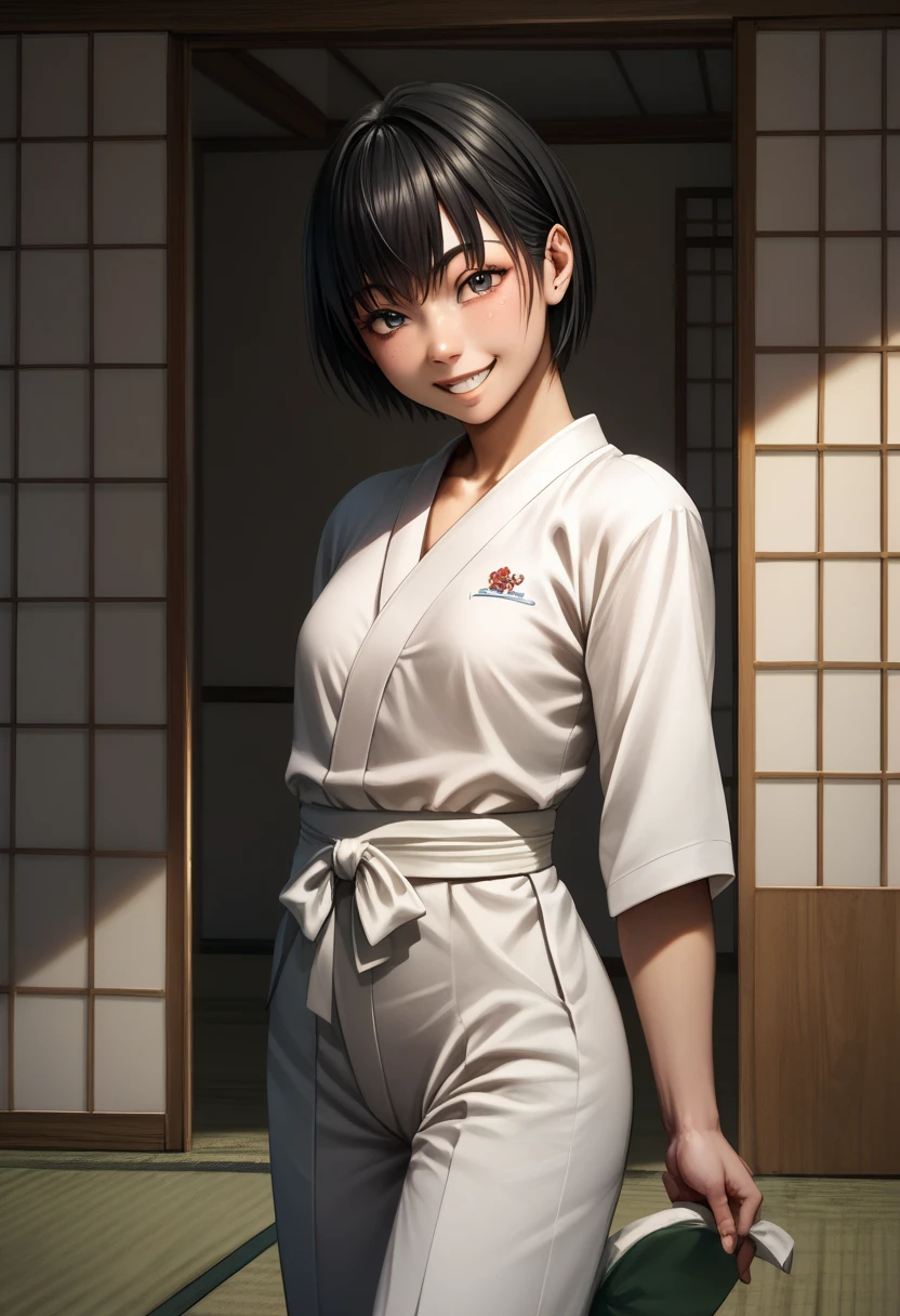 (top-quality, masterpiece:1.2), BREAK１Beautiful Japan girl, Black hair short hair, perfect bodies, Sexy Woman, flat breast, Oily skin, skinny, white judo uniform, looking at the viewers, Happy smiling face, Seiza, BREAK Tatami mats,