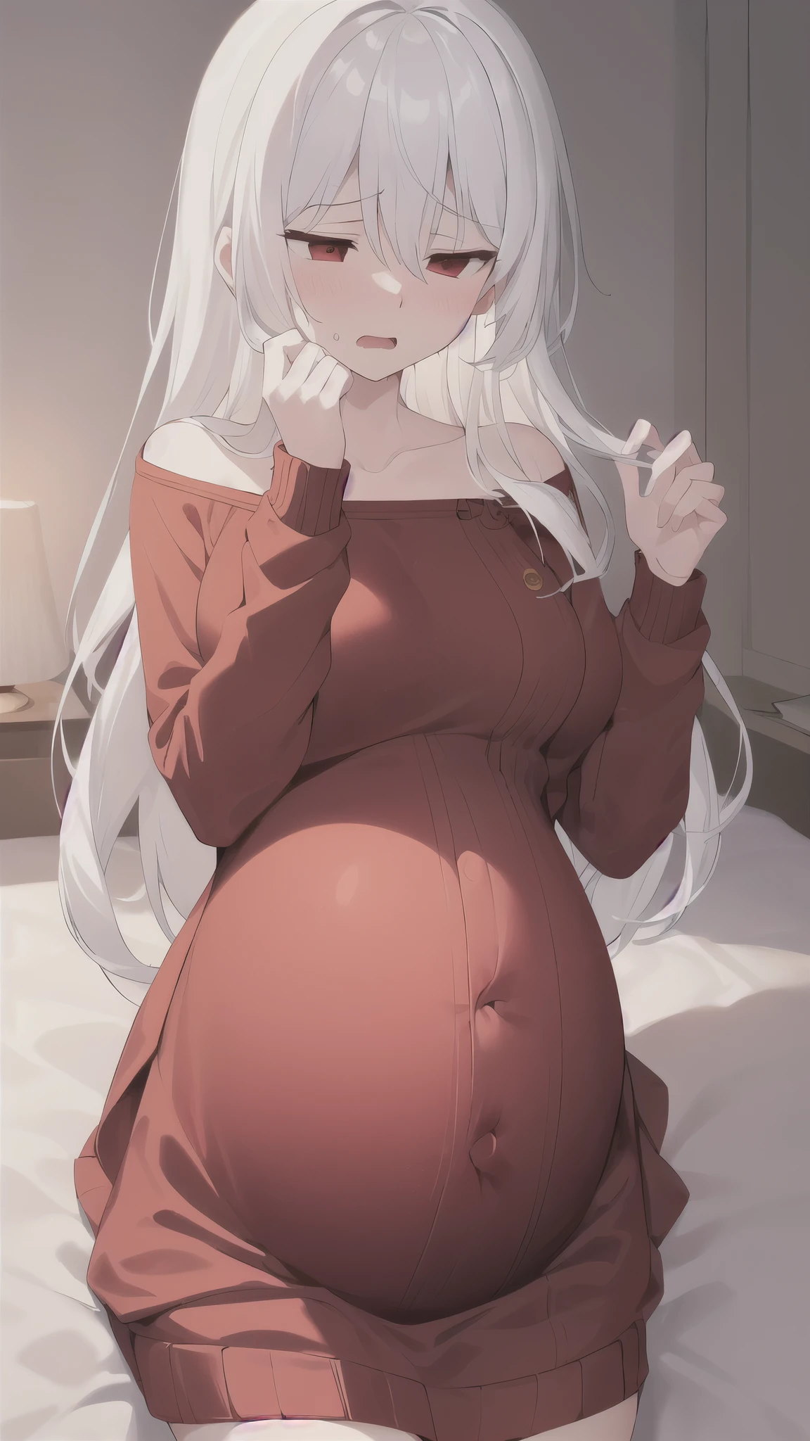 masterpiece,(bestquality),highlydetailed,ultra-detailed, (pregnant woman), (maternity wear), 1girl,bishoujo,stare,red eyes,beautiful detailed eyes,long hair,white hair,silver_hair,Wing-like bangs，Dull hair,ahoge,Hair rings,Half tied hair, cold，expressiveless，(comfortable and stylish), (soft and stretchy fabric), (loose-fitting silhouette), (pastel colors), (floral patterns), (empire waistline), (adjustable waistband), (supportive belly panel), (flowy and breathable), (easy access for breastfeeding), (maternity photoshoot), (baby bump showcase), (radiant and glowing), (motherhood celebration), (joyful and serene), (maternal love), (nurturing and protective), (blossoming beauty), (feminine and elegant), (mother-to-be), (expecting happiness), (new life journey)