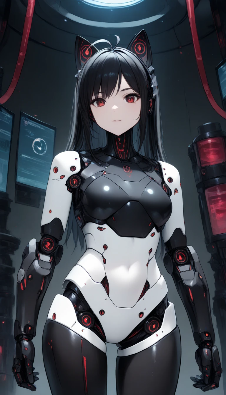 masterpiece,  top quality,  extremely detailed , (8k, 4K,  top quality,  High resolution ,  super high resolution with two hands:1.1), , 8K portrait , Japaese android  Girl,thud ,  dark black leg cover ,guide,Control Panel,android , droid ,mechanical hand,  robot arms and legs ,  black robot parts , long black hair ,Machine body ,bang, perfect mechanical abdomen , white robotics parts , perfect robot woman ,future laboratory, cyberpunk, charging spot ,laboratory,Long tube , The removable cover is in the groin {x} A thick cable is attached to the neck, white ceramic body  , perfect mechanical body ,  white robot body , load antenna , mechanical ear cover ,android ,Robot Humanoid, black sponge joint , The removable cover is in the groin , connection port is in the groin , open chest panel , chest access panel , open chest panel , perfect mechanical abdomen , perfect black mechanical body ,perfect black android  body, she repaired ,Assembly factory , dark black tights , dark black leggings ,smile,cat, not human skin ,visor