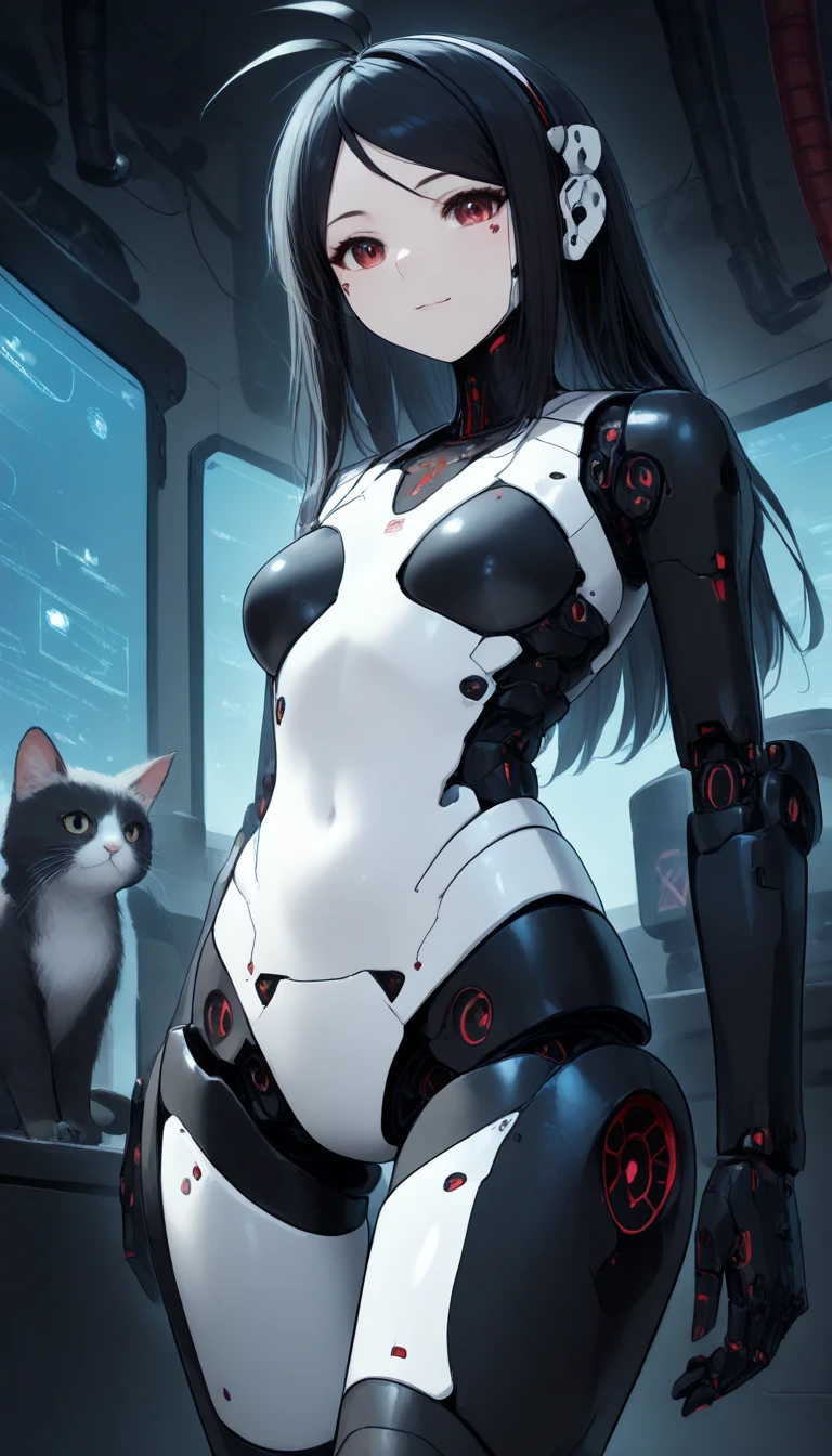 masterpiece,  top quality,  extremely detailed , (8k, 4K,  top quality,  High resolution ,  super high resolution with two hands:1.1), , 8K portrait , Japaese android  Girl,thud ,  dark black leg cover ,guide,Control Panel,android , droid ,mechanical hand,  robot arms and legs ,  black robot parts , long black hair ,Machine body ,bang, perfect mechanical abdomen , white robotics parts , perfect robot woman ,future laboratory, cyberpunk, charging spot ,laboratory,Long tube , The removable cover is in the groin {x} A thick cable is attached to the neck, white ceramic body  , perfect mechanical body ,  white robot body , load antenna , mechanical ear cover ,android ,Robot Humanoid, black sponge joint , The removable cover is in the groin , connection port is in the groin , open chest panel , chest access panel , open chest panel , perfect mechanical abdomen , perfect black mechanical body ,perfect black android  body, she repaired ,Assembly factory , dark black tights , dark black leggings ,smile,cat, not human skin ,visor