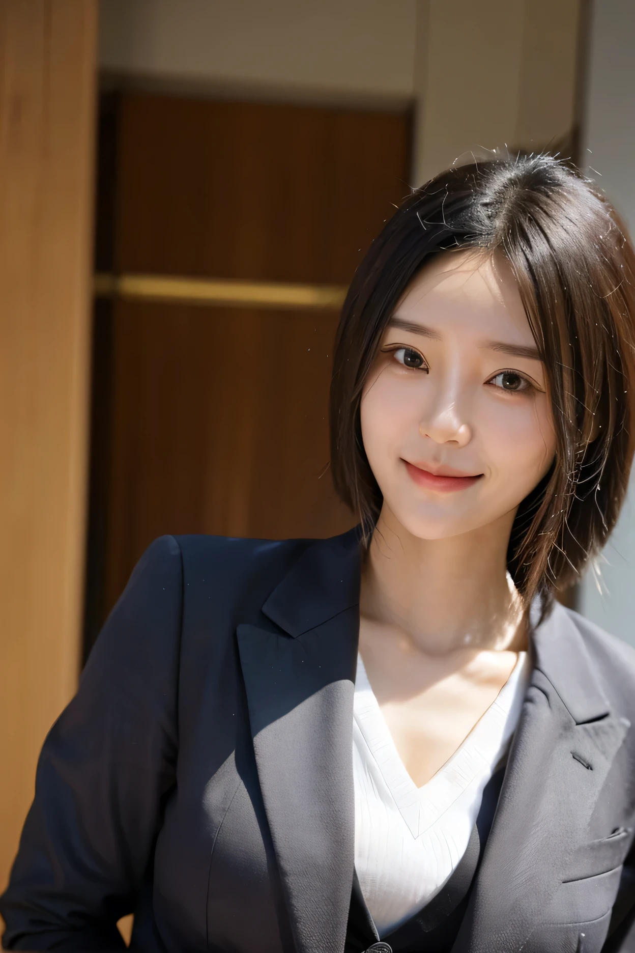There is a woman in a suit posing for a picture - SeaArt AI