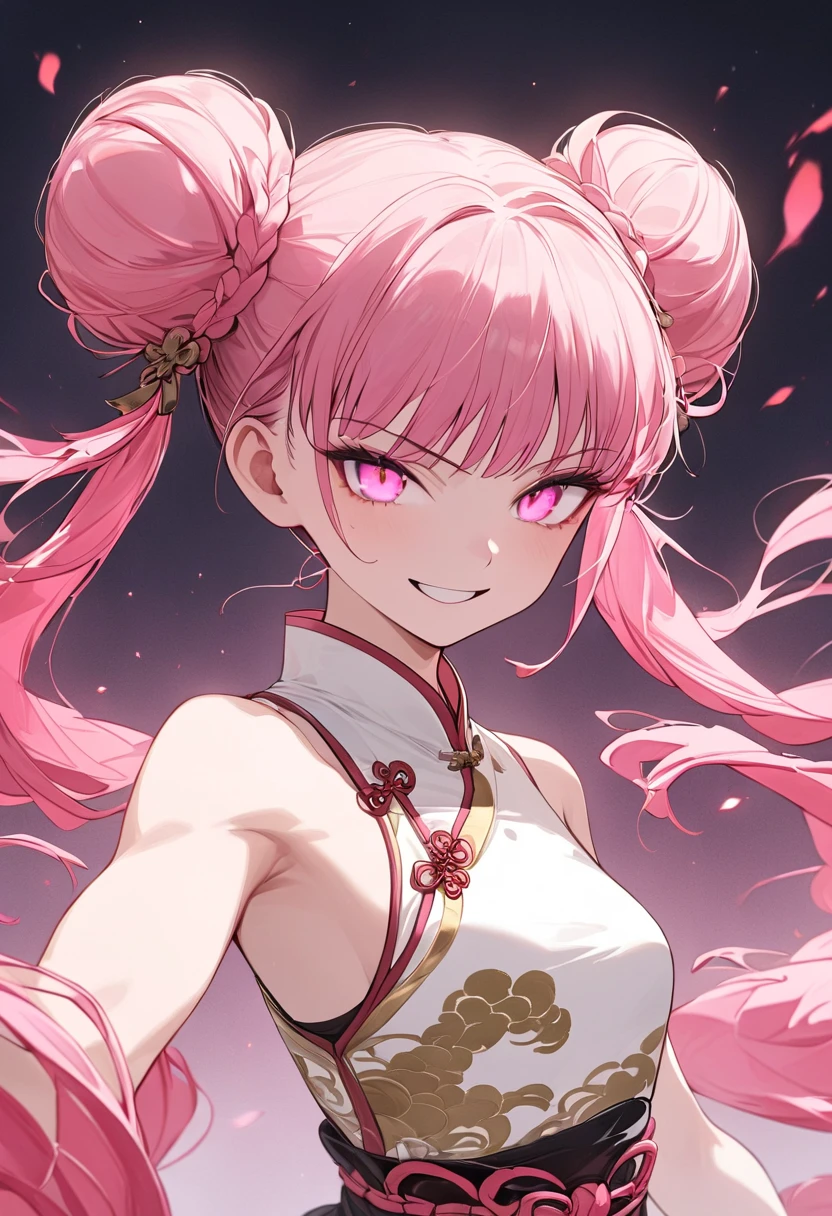 (Masterpiece, Top Quality, Aesthetic, 4K, Illustration), Exquisite Detail, One Girl, One Person, Contrast, Glowing Eyes, (Kung Fu Girl), 18 Years Old Mature, Cute Face, Clenching Fist, (Fluorescent Pink Gradient), Twin Tails in a Bun, Medium Hair, Side Lock, Golden Eyes, White chinese dress, warrior, small breasts, smiling face, upper body.