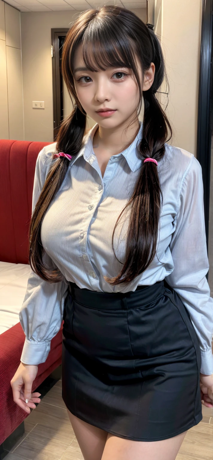 bed room,bed,valance, 2 girls,Kneel sitting,((side by side)), ((one girl front)),((the other girl form back)), Double ponytail,Shy smile,White shirt,steel collar, ((huge breasts:1.4)),((The nipples hold the clothes up a little)), arms turned back behind her back, Wrists tied together by a Steel handcuffs in behind, the middle of the wrist hung by a chain behind the neck collar, small waist, great hips, short skirt,black stockings
