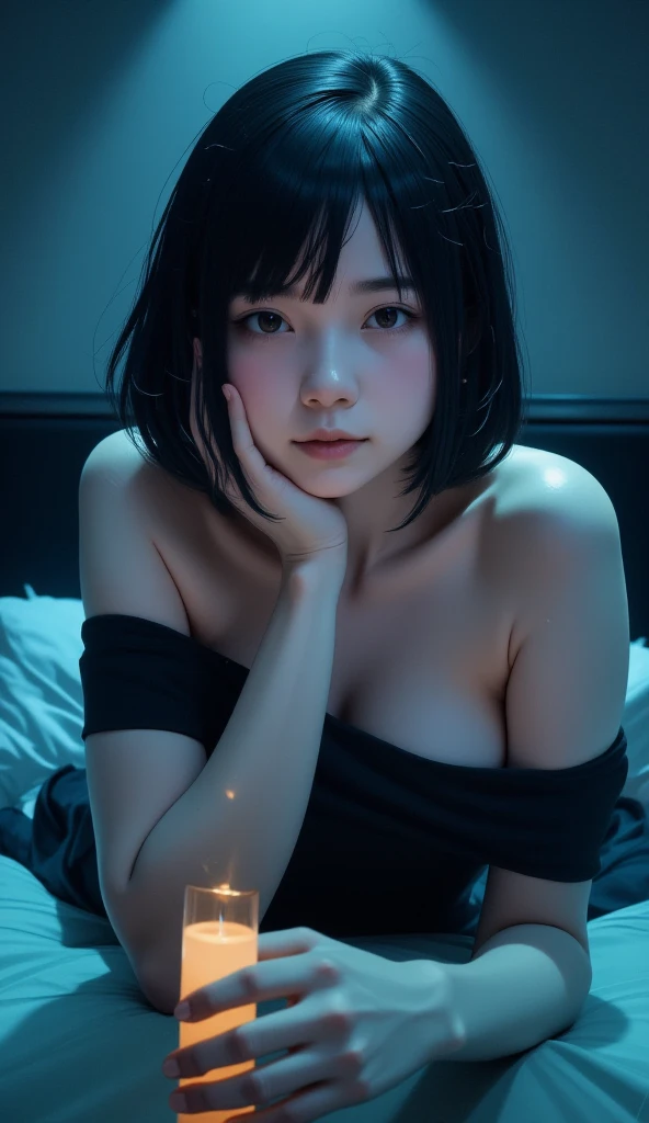 ( top quality ,  table top in bed:1.2,  super high res,  realistic :1.5),  RAW photo,  One Girl ,  off shoulder,  in the dark ,  deep shadow , Low lighting,  cool tone ,   seductive gaze  ,  short hair, foggy atmosphere, Inexplicable Atmosphere ,  Subtle Highlights ,  Dramatic Contrast,   elegant poses , Intense emotions, celestial beauty, Fascinating Darkness,  attractive expression