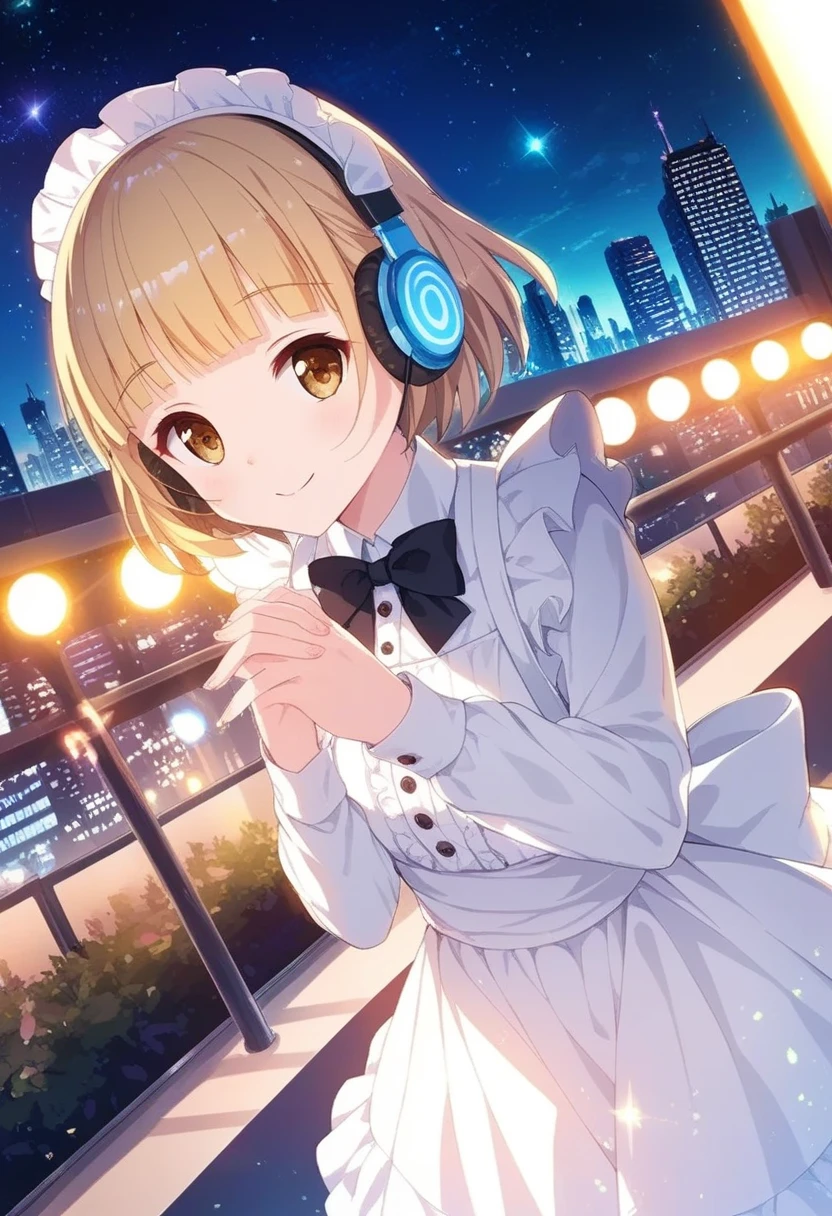 yuki mio, 1girl, white coat, white knit dress, bangs, black bow, blunt bangs, bow, building, city, city lights, cityscape, closed mouth, eyebrows visible through hair, frills, headphones, lens flare, lights, long sleeves, looking at viewer, maid headdress, night, night sky, outdoors, own hands together, short hair, sky, skyscraper, smile, solo, sparkle, stage, stage lights, standing, star \(sky\), starry sky, white skirt