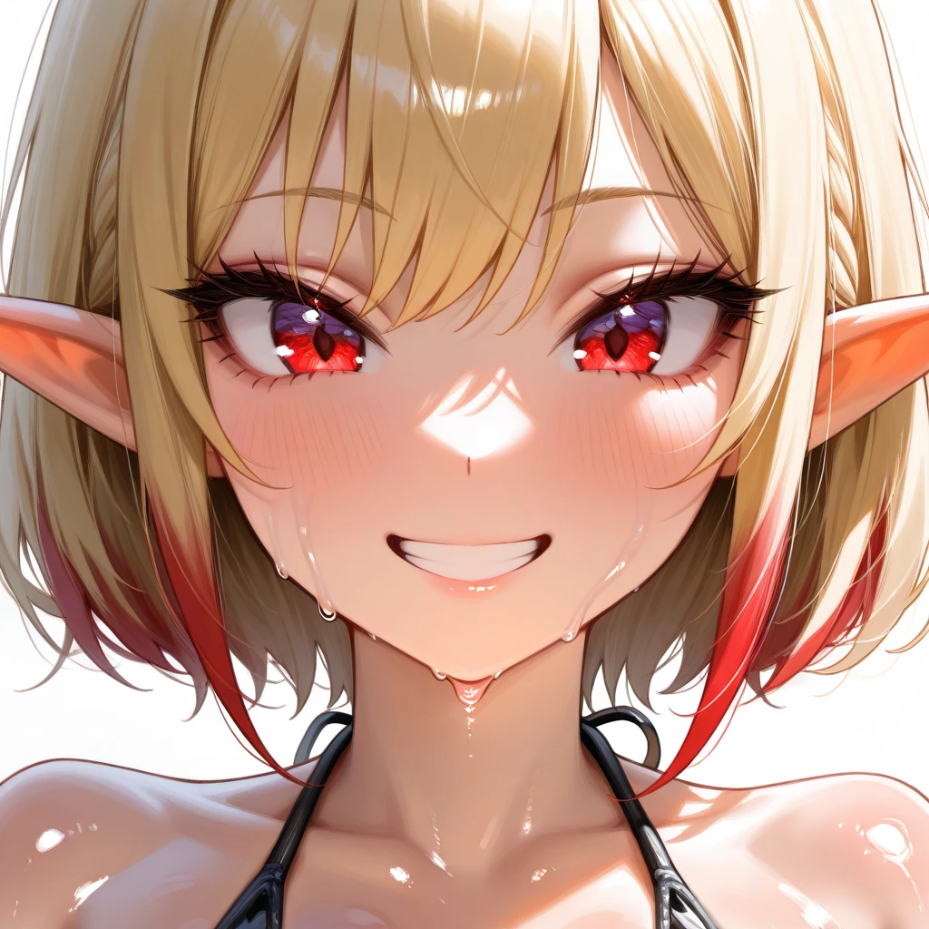 ultra-detailed, full-length, 1girl:1.4, solo, elf, elf ears, (beautiful face), beautiful eyes, portrait:1.43, (focusing on face), detailed eyes, (Ideal body proportions), ((Composition from head to thigh)), black bikini suit, Drenched shortcut blond hair, (scarlet clear red eyes, tsurime), The erection, Carmelto, Sexy body, grin smile, short-hair, blond hair with burgundy tips of hair, burgundy ends of hair, shiny skin, oiled skin, slenderness, Small buttocks, Beautiful legs, Skinny Legs, One-person viewpoint, masterpiece, ((Anatomically correct)), (portrait:1.4), (((close-up))), (focusing on eyes)