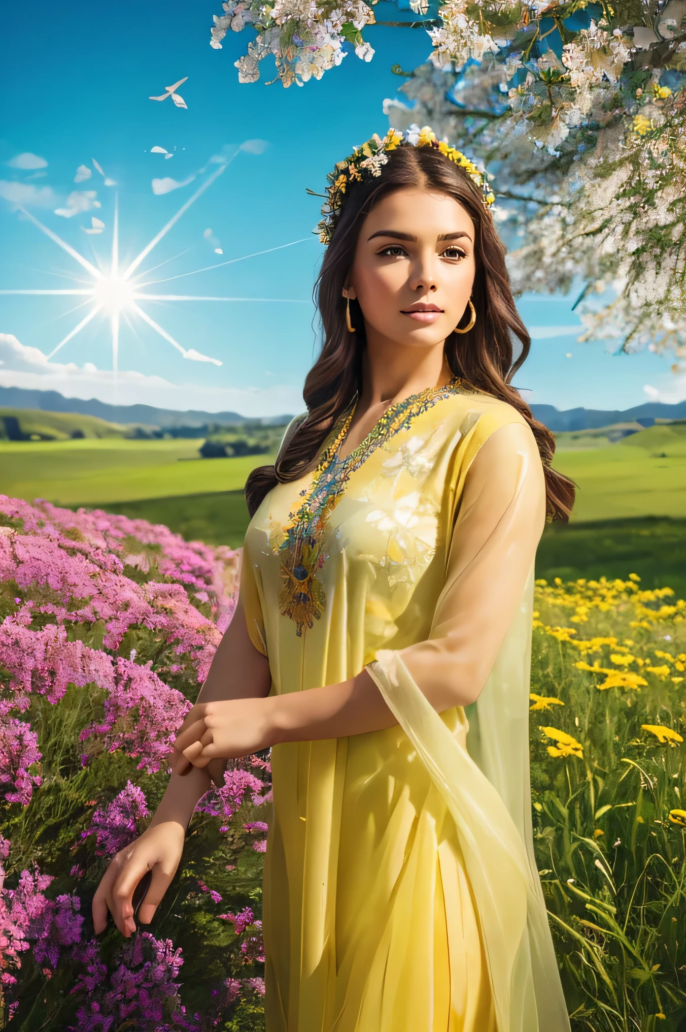 Outdoors, the sky, the halo, divine light shines from all directions,Masterpiece, highest, quality, high resolution and high quality detailed,Awesome beautiful woman.  Sacred and solemn ornaments, worn around the head, wrists, neck, and waist.Goddess Physis.  Dressed in a transparent yellow tunic, adorned by floral and natural elements.  Small breasts.  In the background, a beautiful field of wildflowers.  Realistic photo.  Ultrareal. RAW PHOTOS 