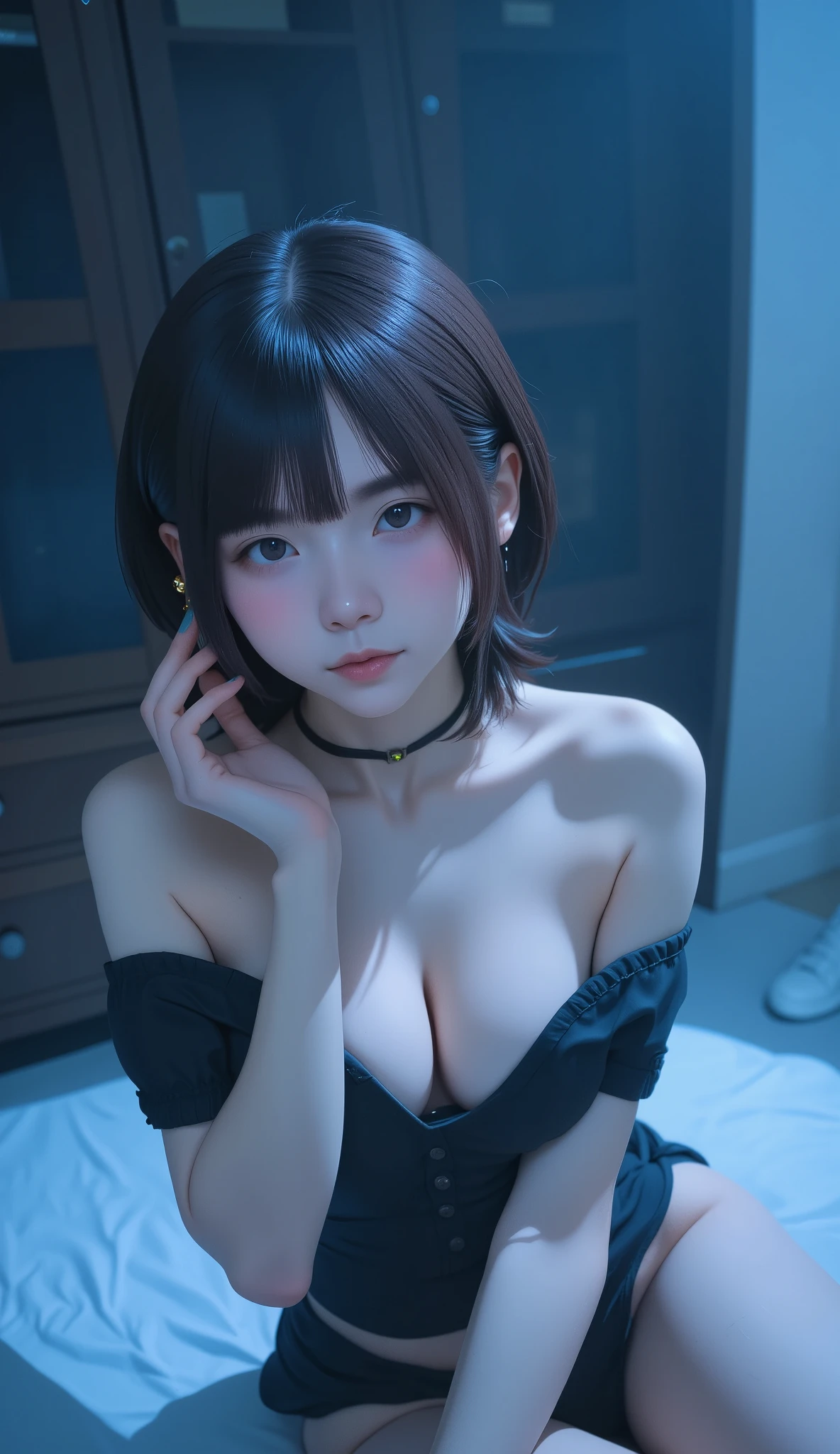 ( top quality ,  table top in bed:1.2,  super high res,  realistic :1.5),  RAW photo,  One Girl ,  off shoulder,  in the dark ,  deep shadow , Low lighting,  cool tone ,   seductive gaze  ,  short hair, foggy atmosphere, Inexplicable Atmosphere ,  Subtle Highlights ,  Dramatic Contrast,   elegant poses , Intense emotions, celestial beauty, Fascinating Darkness,  attractive expression