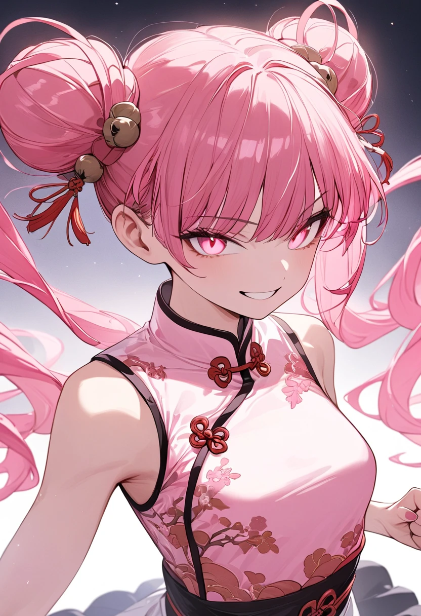 (Masterpiece, Top Quality, Aesthetic, 4K, Illustration), Exquisite Detail, One Girl, One Person, Contrast, Glowing Eyes, (Kung Fu Girl), 18 Years Old Mature, Cute Face, Clenching Fist, (Fluorescent Pink Gradient), Twin Tails in a Bun, Medium Hair, Side Lock, Golden Eyes, White chinese dress, warrior, small breasts, smiling face, upper body.