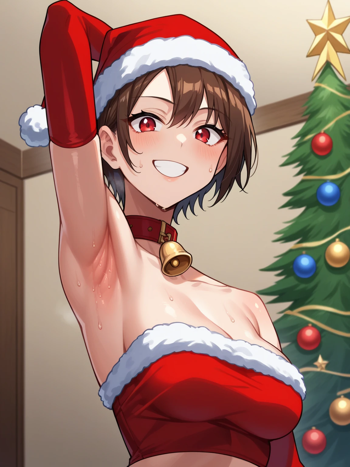 score_9, score_8_up, score_7_up, source_anime, anime screencap, 1girl, solo, BREAK, asuka kazama, short hair, red eyes, brown hair, bangs, Santa costume, Santa hat, red tube top, red elbow gloves, long gloves, red collar with a bell, bare shoulders, BREAK, arm behind head, armpit, looking at viewer, head towards viewer, smile, indoors, opened mouth, midriff, from side, from below, Christmas tree, sweaty armpits