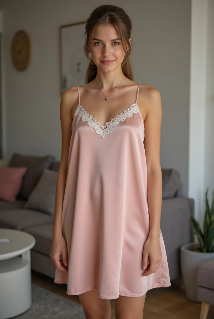 Satin slip pink dress with lace detailing