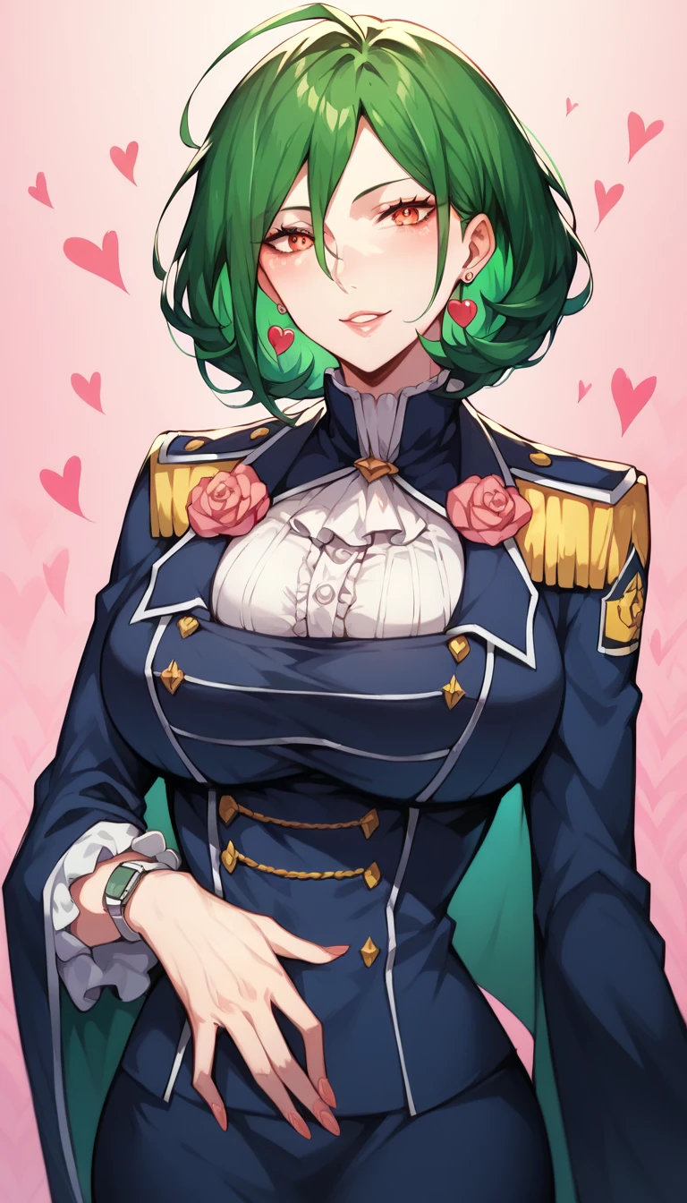 masterpiece,,  Krusch Karsten,Big Breasts,    mature,  Pink Wallpaper,Heart Wallpaper    , darkroom,   Sharp Eye ,    green hair    ,   whole body,Stand upright,In uniform,Look forward, Watch viewers