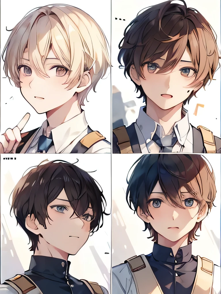 4 handsome boys, high school boys, novel cover, character, short hair, ikemen, otome game, hd, masterpiece, different color of hair, uniform, detail face, dreamy eyes, cool, 4 panels, white, blonde, navy, red, black, brown hair