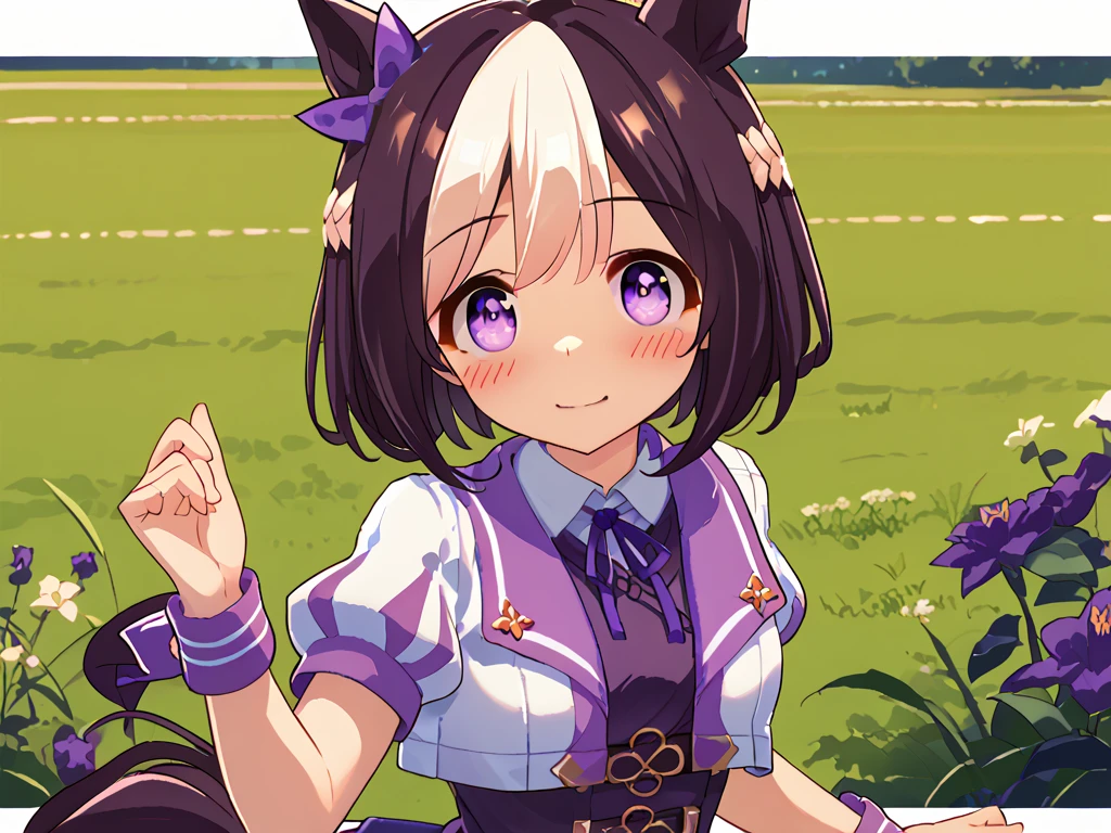 best quality, absurdres, masterpiece, 1人の女の子
special week \(Uma Musume\), 
ear bow, purple bow, puffy short sleeves, neck ribbon, blue ribbon, cropped jacket, white jacket, two-tone jacket, collared shirt, white shirt, purple vest, wristband, wrist cuffs, white skirt, pleated skirt, two-tone skirt, frilled skirt, frills,   zettai ryouiki, white thighhighs, white footwear, purple footwear, asymmetrical footwear, mismatched footwear, Durable sneakers, glad, smiling, embarrassed, standing, looking at viewer, in the field of flowers, surrounded by stars and stardust, at midnight, cute, beautiful, upper body, from front, moonlight, adult, 30-year-old, にっこり笑う, beautiful breasts