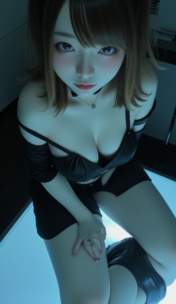 ( top quality ,  table top in bed:1.2,  super high res,  realistic :1.5),  RAW photo,  One Girl ,  off shoulder,  in the dark ,  deep shadow , Low lighting,  cool tone ,   seductive gaze  ,  short hair, foggy atmosphere, Inexplicable Atmosphere ,  Subtle Highlights ,  Dramatic Contrast,   elegant poses , Intense emotions, celestial beauty, Fascinating Darkness,  attractive expression