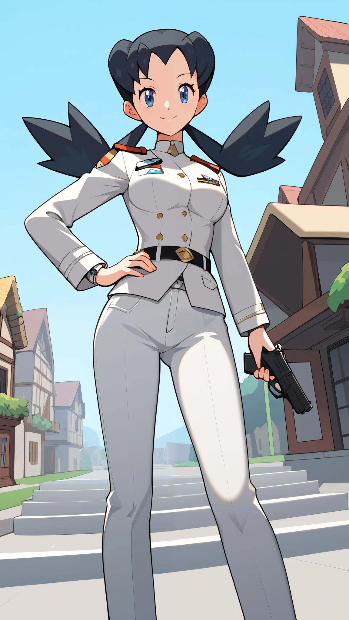 (( top quality )), ((masterpiece)), ( Details), 1girl,  sexy, blue-black hair color,  twin tails,  long hair,  blue eyes, White military uniform, White jeans,  black long boots , Pistol,  Tall,  ANIME COLORING BOOK,  Watch viewers, 1 Female, Age 18,  standing with different breasts , whole body, Place one hand on hip,  slim figure,  sexy smile,  seductive smile, Ample breasts, Outdoor, town, (\ Pokémon\),  score_9,  score_8_Excellent,  score_7_Excellent,  score_6_Excellent,  source_Anime,  cell shading ,  Flat Color , vector, Two legs, two arms,