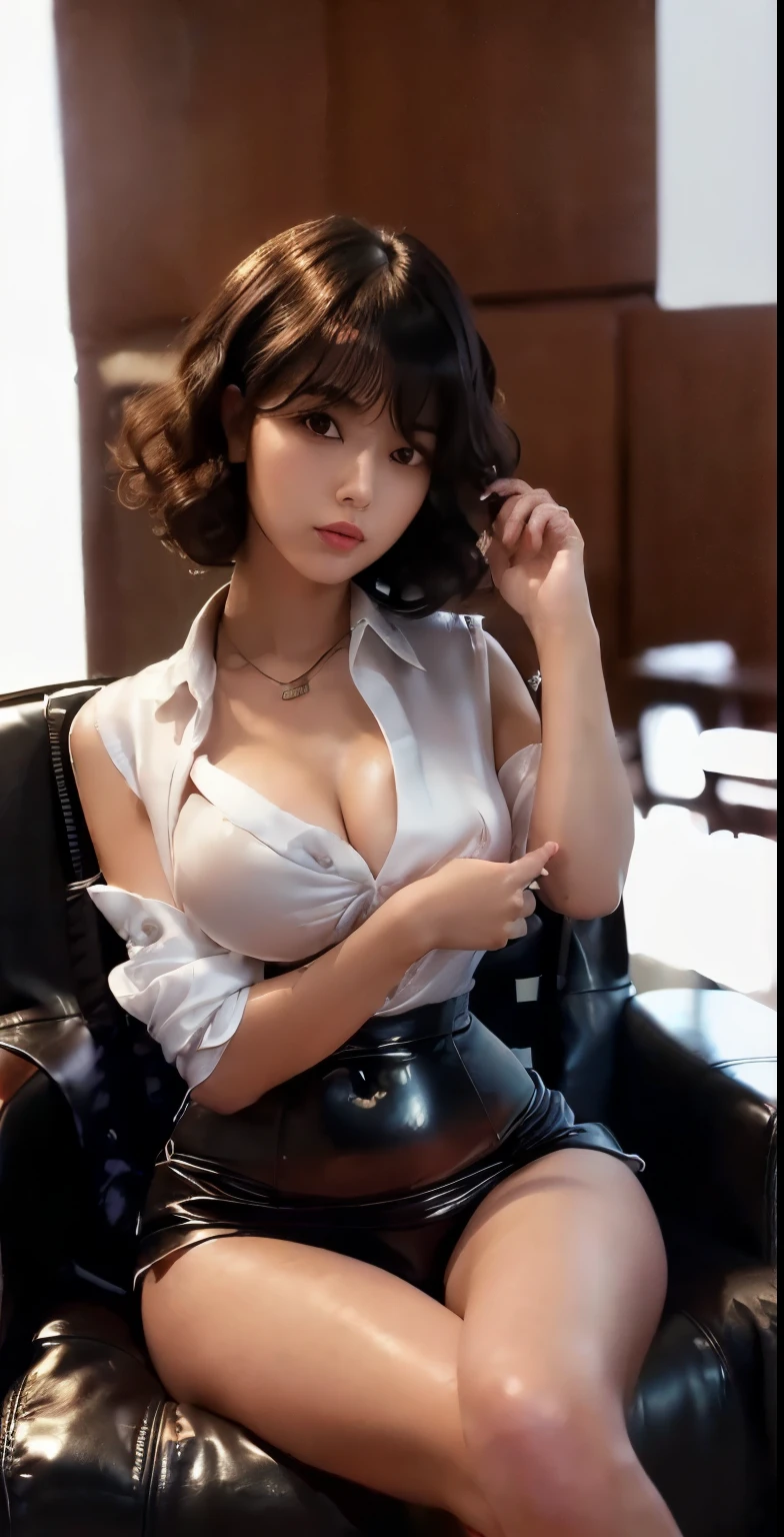 arafed asian woman, photo of slim girl model, ((tall and slender body)), ((hourglass figure)), ((tiny waistline)), 24 year old female model, (((huge round breasts|perky))),((((white unbuttoned silk business shirt|tight|braless)))), ((((tiny ((black)) leather miniskirt)))), beautiful alluring teen, model with attractive body, gorgeous young korean woman, gorgeous young model, young sensual graceful, gorgeous chinese model, ((curly bangs)), ((very dark short hair)), ((black hair in a rough shag)), wavy hair, (masterpiece:1.3), high resolution, ((office background)), ((((lounging back on an armchair)))),(((((legs crossed)))))