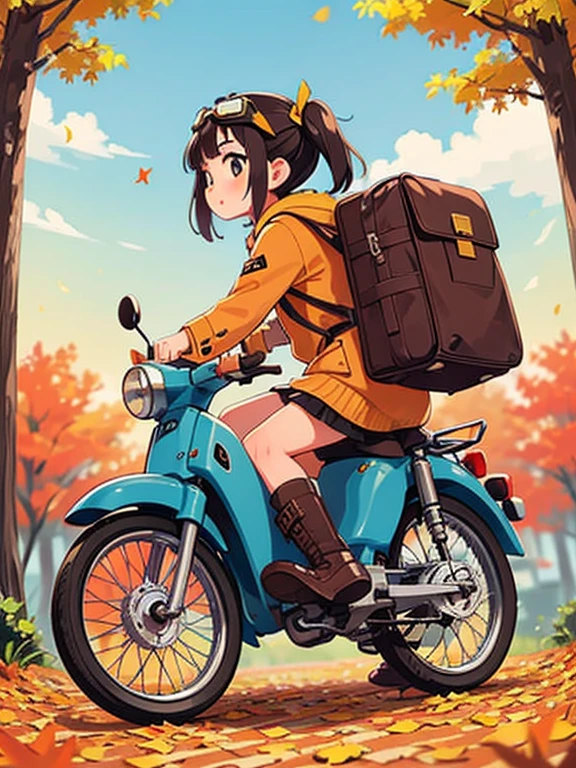 32K，UHD high resolution ，   octane rendering ，    steampunk，( Ultra-fine: 1.2)，   young girl， Ride a Super Cub   ，  knight ，cute， Very small build    ，   thin thighs   ，     small yellow super cub ，   short dress like a kimono ，   down jacket  ，  half length twin tails with lots of luggage   ，   black hair，goggles，   black boots，Super Cub Details，autumn，autumn leaves，     medium shot from behind     ,