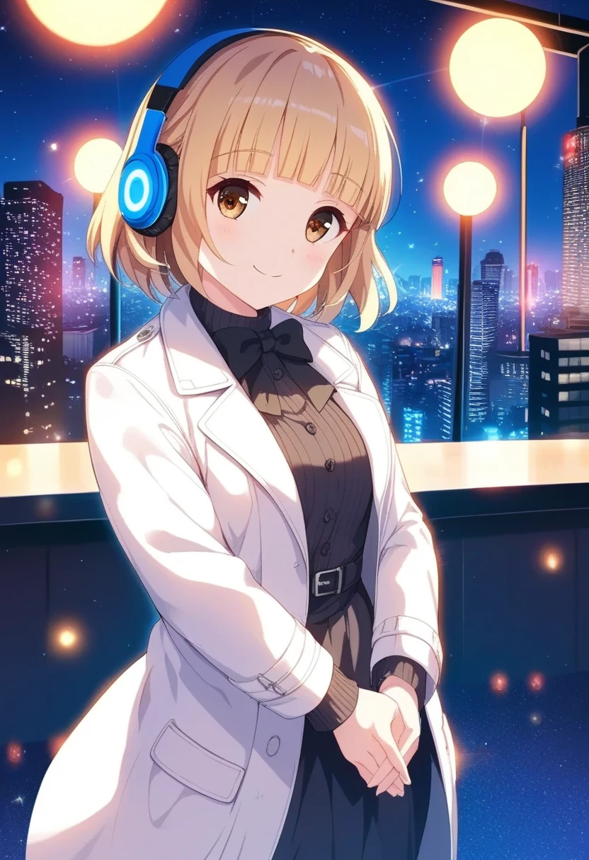 yuki mio, 1girl, white coat, trench coat, white knit dress, tite dress, bangs, black bow, blunt bangs, bow, building, city, city lights, cityscape, closed mouth, eyebrows visible through hair, headphones, lens flare, lights, long sleeves, looking at viewer, head phone, night, night sky, outdoors, own hands together, short hair, sky, skyscraper, smile, solo, sparkle, stage, stage lights, standing, star \(sky\), starry sky,