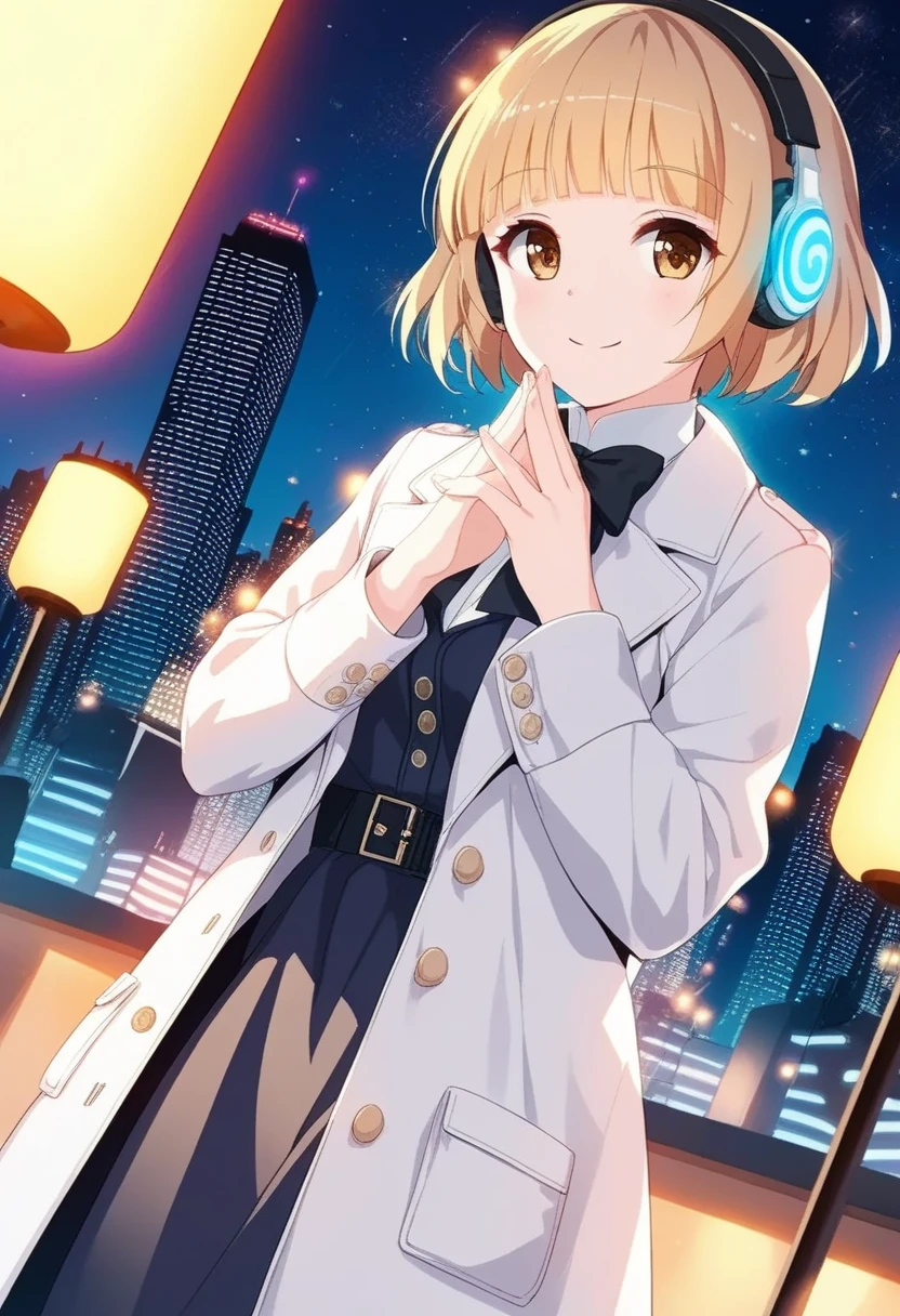 yuki mio, 1girl, white coat, trench coat, white knit dress, tite dress, bangs, black bow, blunt bangs, bow, building, city, city lights, cityscape, closed mouth, eyebrows visible through hair, headphones, lens flare, lights, long sleeves, looking at viewer, head phone, night, night sky, outdoors, own hands together, short hair, sky, skyscraper, smile, solo, sparkle, stage, stage lights, standing, star \(sky\), starry sky,