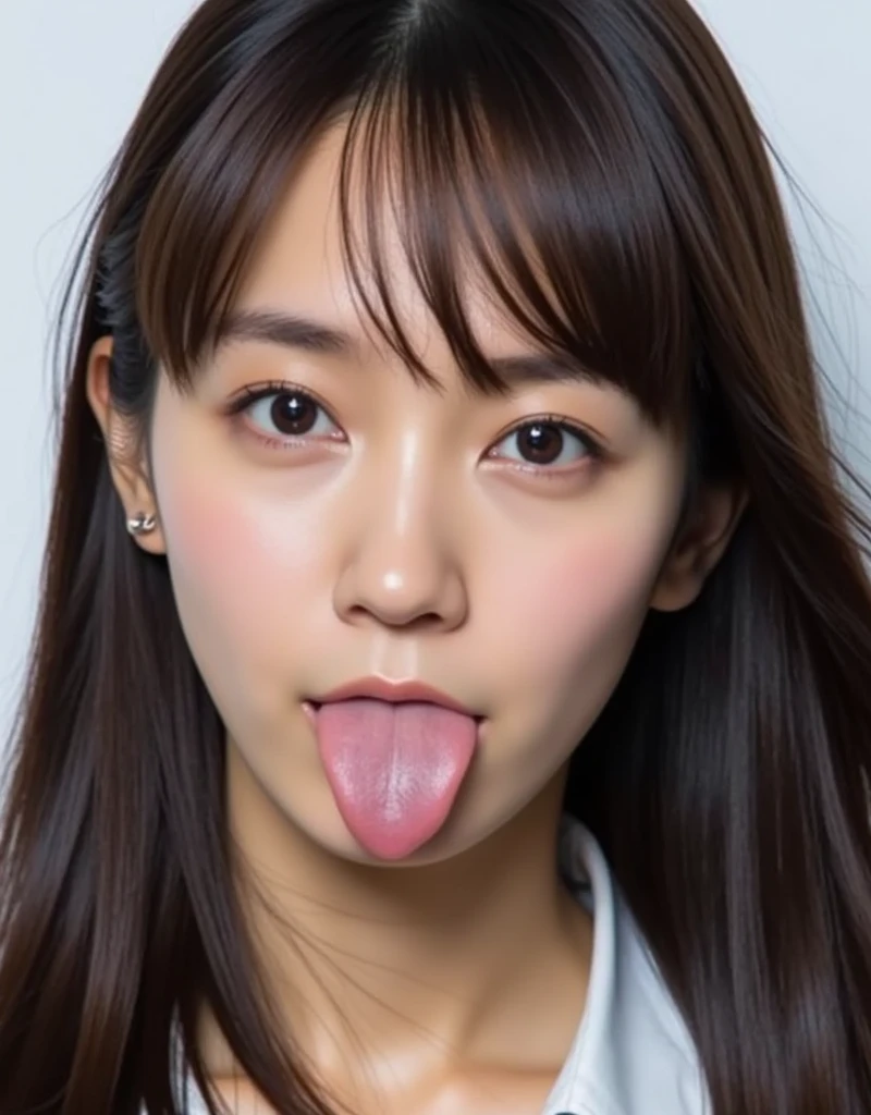   Picture of a woman's face   、(  Concentrating ), from below, (   Kneel down and look up   :1.10), ((  Open Your Mouth :1.6)), (  sticks out his tongue :1.8), (  super detailed face:1.10), (   beautiful slim body with great attention to detail  :1.9), 21 years old, (    super elaborate beautiful Japanese female idol :1.7), (   troubled face:1.3),  woman in the center of the image , break,    Photorealistic  ,    hyperrealism ,     portrait of a young Japanese face   , Japanese facial features,    slender oriental face   ,    bust up shot , 21 years oldアイドル,    Japanese Girl Face   , Japanese facial features,  